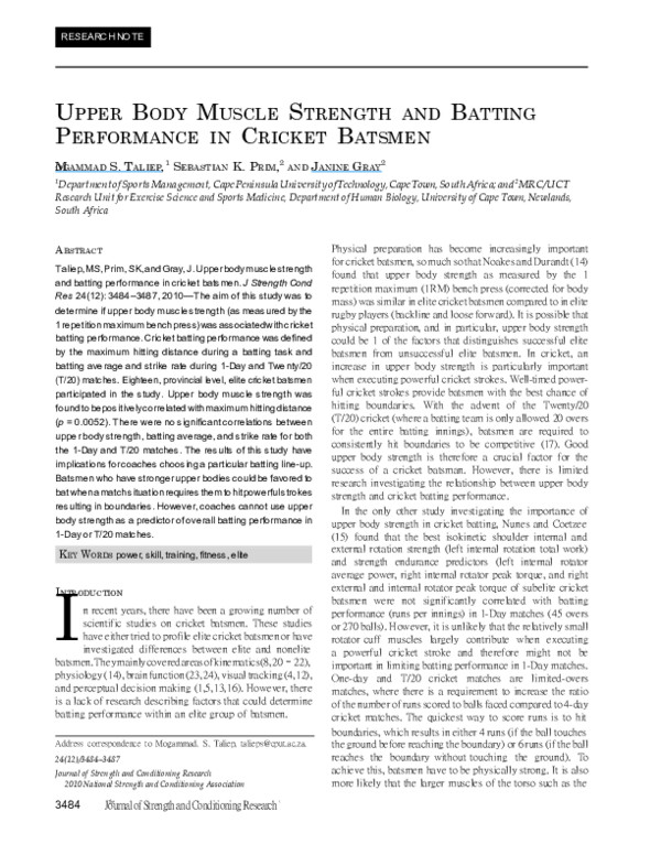 (PDF) Upper Body Muscle Strength and Batting Performance in Cricket Batsmen