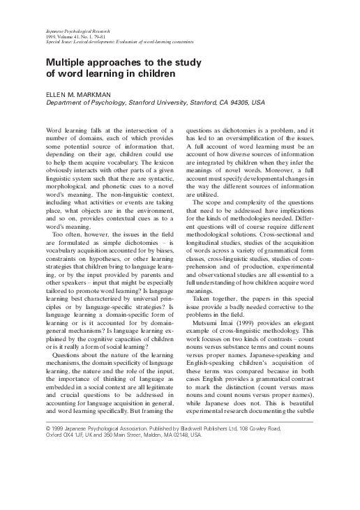 (PDF) Multiple approaches to the study of word learning in children