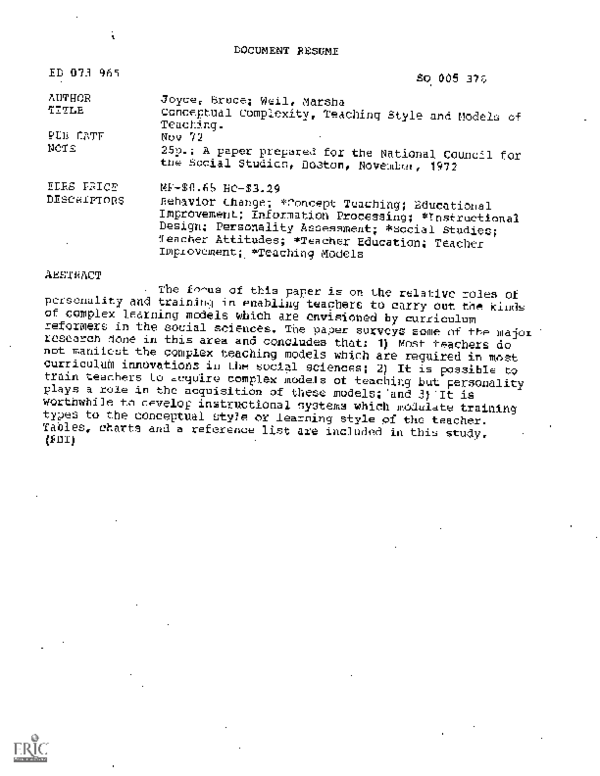 (PDF) Conceptual Complexity, Teaching Style and Models of Teaching