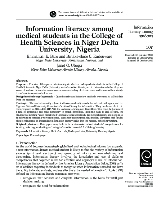 (PDF) Information literacy among medical students in the College of ...