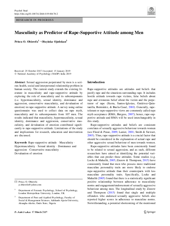 (PDF) Masculinity as Predictor of Rape-Supportive Attitude among Men