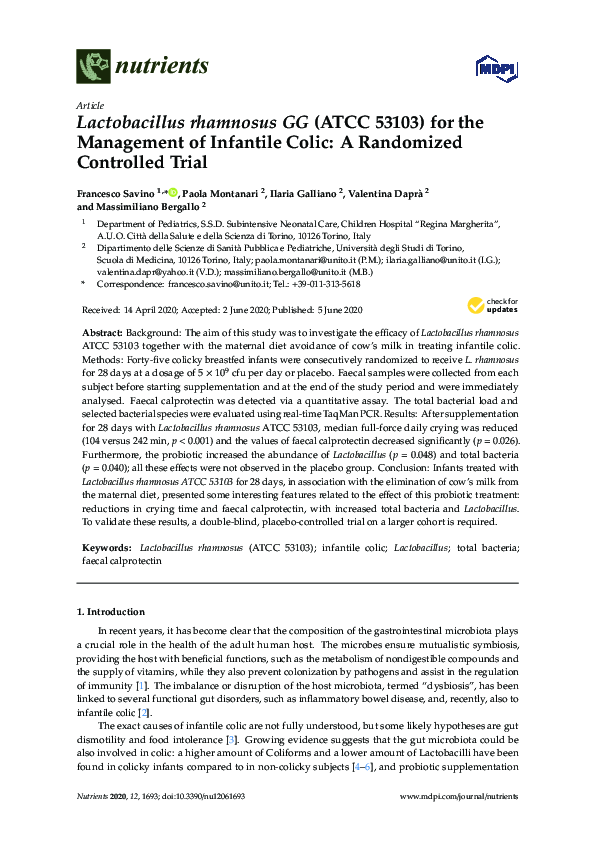 (PDF) Lactobacillus rhamnosus GG (ATCC 53103) for the Management of