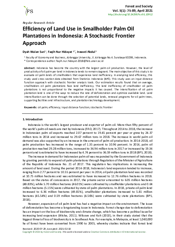 (PDF) Efficiency of Land Use in Smallholder Palm Oil Plantations in ...