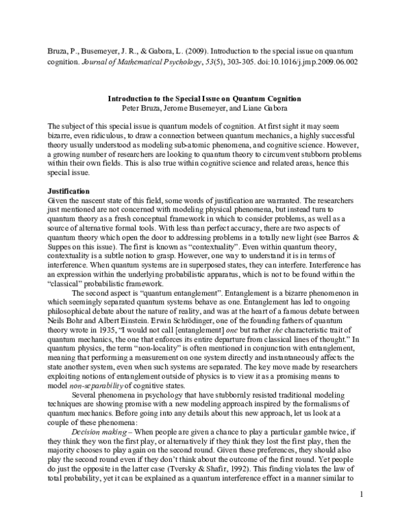 (PDF) Introduction to the special issue on quantum cognition
