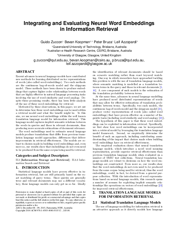 (PDF) Integrating and Evaluating Neural Word Embeddings in Information ...