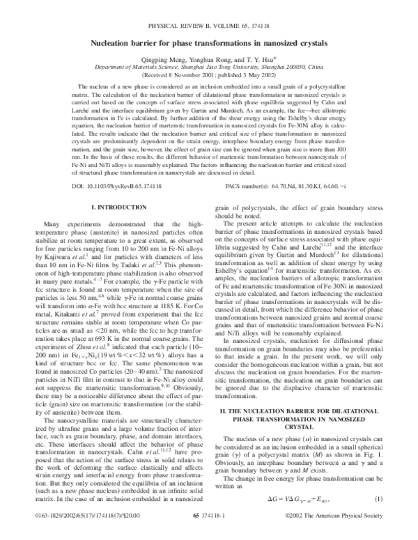 (PDF) Nucleation barrier for phase transformations in nanosized crystals
