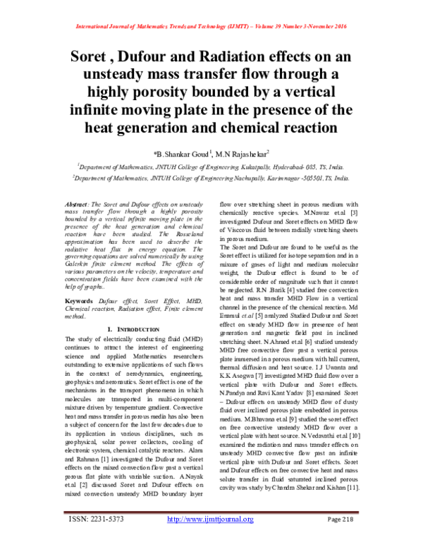 (PDF) Soret , Dufour and Radiation effects on an unsteady mass transfer ...