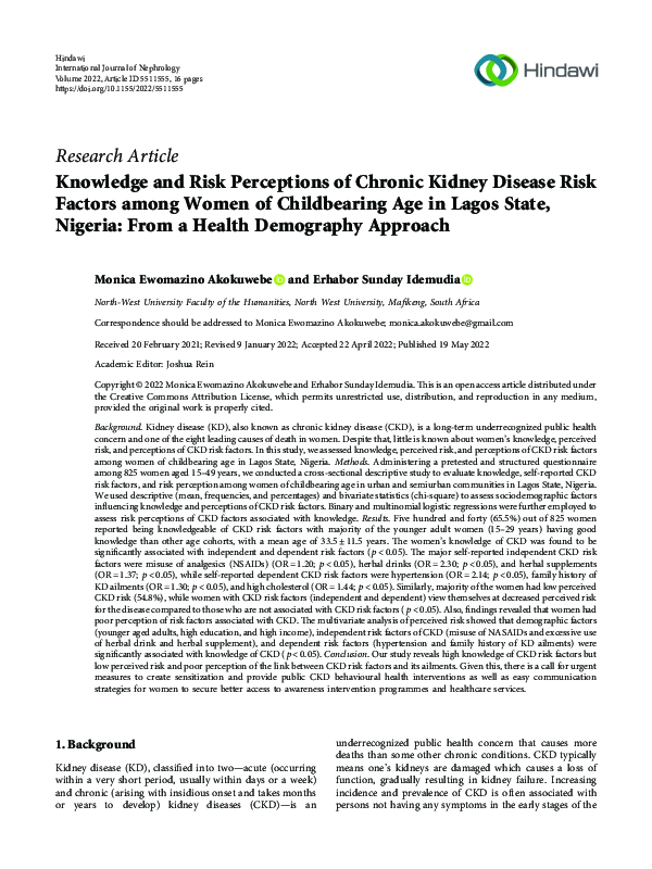 (PDF) Knowledge and Risk Perceptions of Chronic Kidney Disease Risk ...