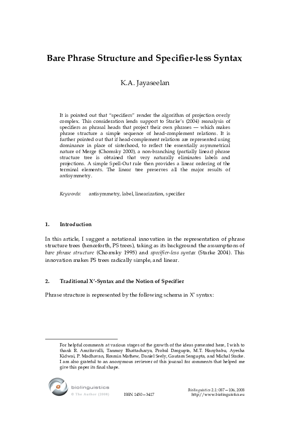 (PDF) Bare Phrase Structure and Specifier-less Syntax