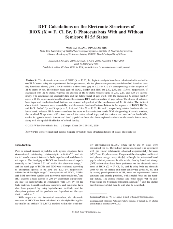 (PDF) DFT calculations on the electronic structures of BiOX (X = F, Cl ...