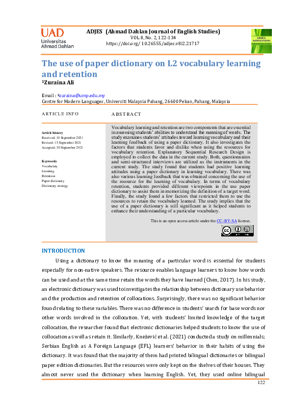 (PDF) The use of paper dictionary on L2 vocabulary learning and retention