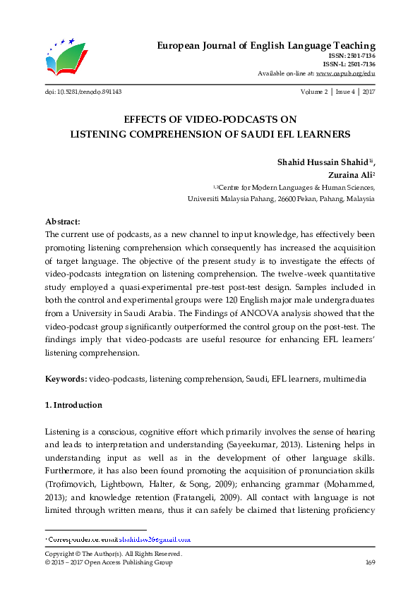 (PDF) Effects Of Video-Podcasts On Listening Comprehension Of Saudi EFL ...