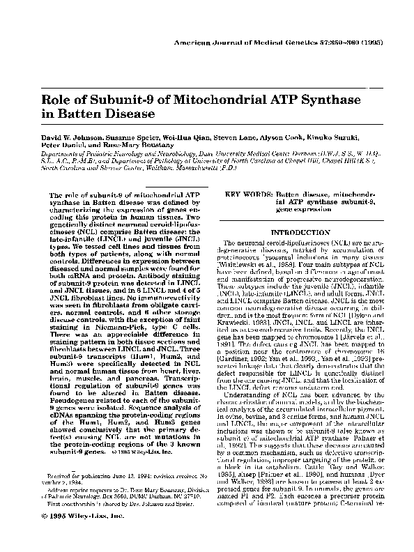(PDF) Role of subunit-9 of mitochondrial ATP synthase in Batten disease