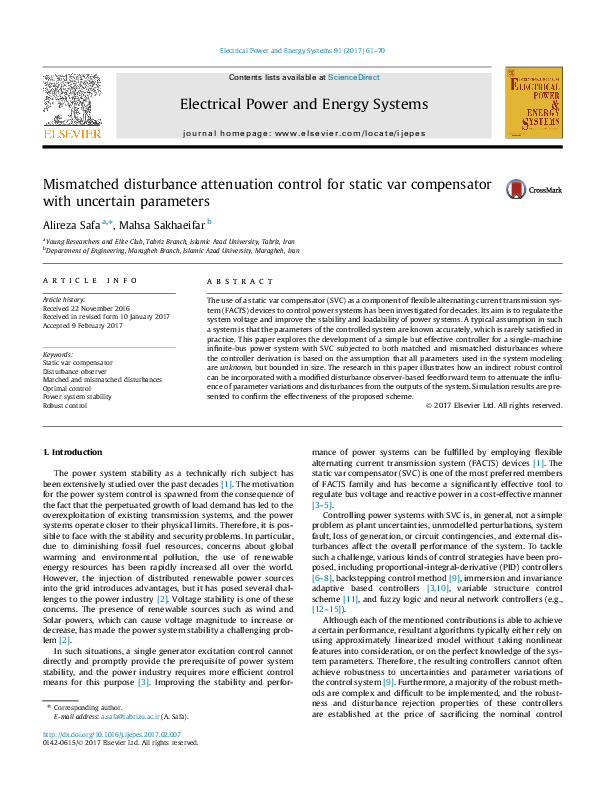 (PDF) Mismatched disturbance attenuation control for static var ...