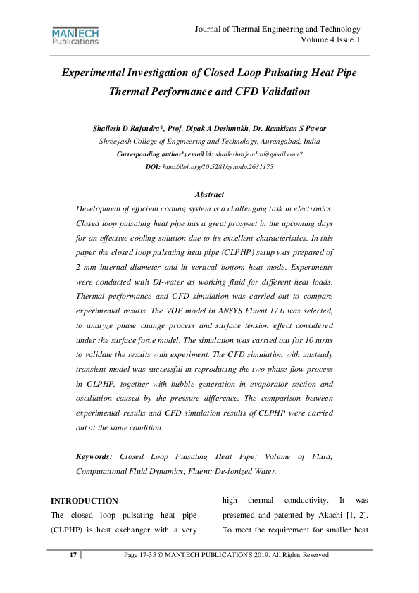 (PDF) Experimental Investigation of Closed Loop Pulsating Heat Pipe ...