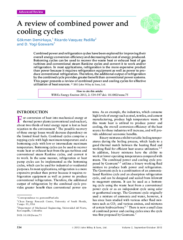 (PDF) A review of combined power and cooling cycles