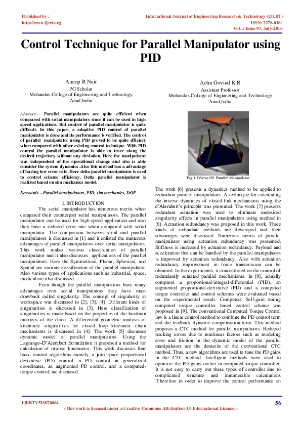 (PDF) Control Technique for Parallel Manipulator using PID