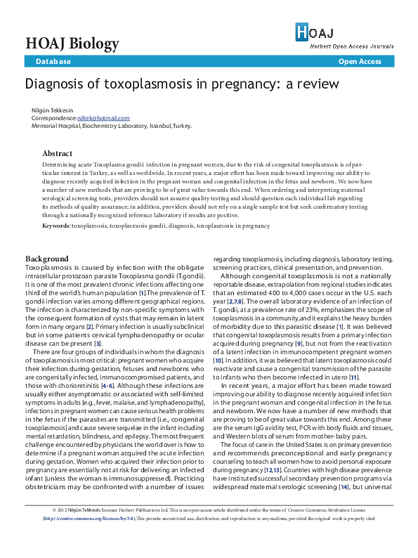 (PDF) Diagnosis of toxoplasmosis in pregnancy a review nilgun