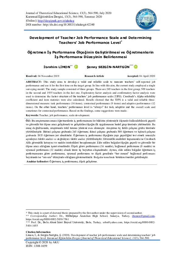 (PDF) Development of Teacher Job Performance Scale and Determining ...