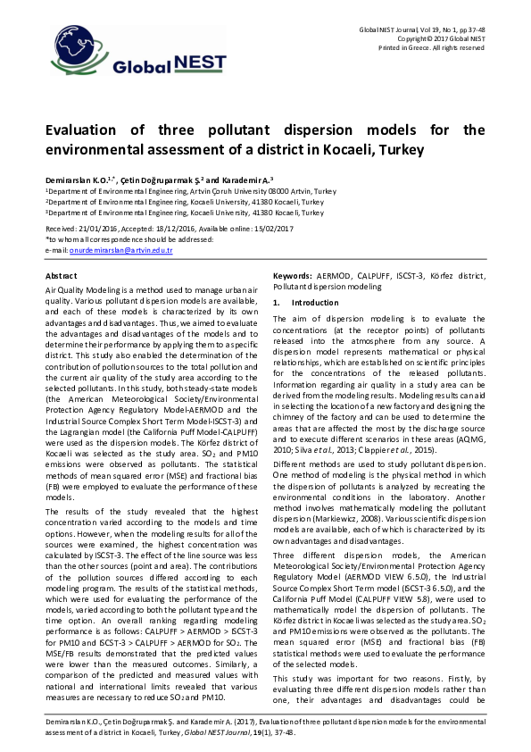 (PDF) Evaluation of three pollutant dispersion models for the ...