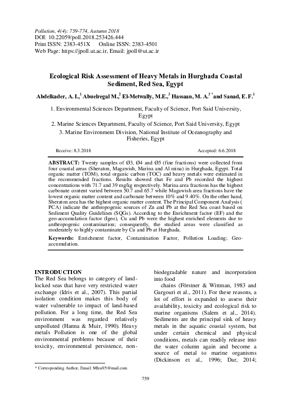 (PDF) Ecological risk assessment of heavy metals in Hurghada coastal ...