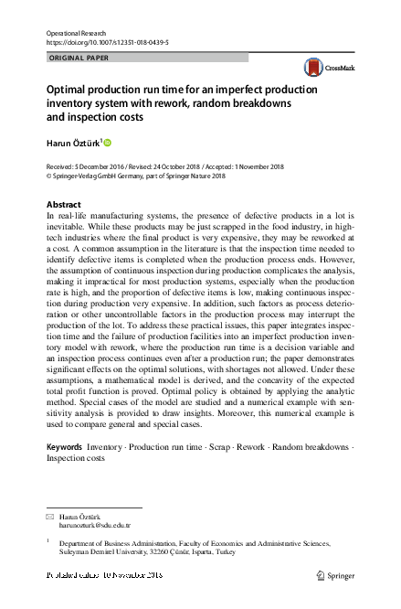(PDF) Optimal production run time for an imperfect production inventory ...