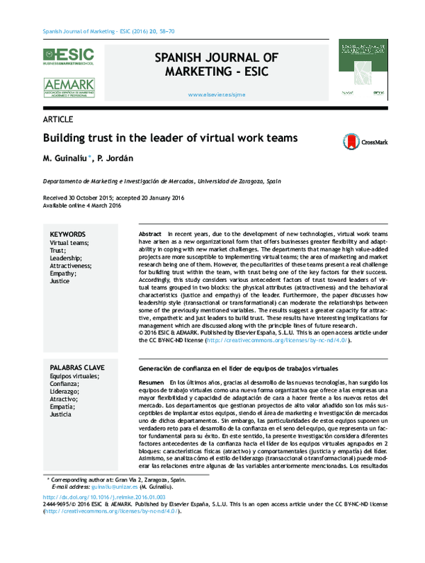 (PDF) Building trust in the leader of virtual work teams