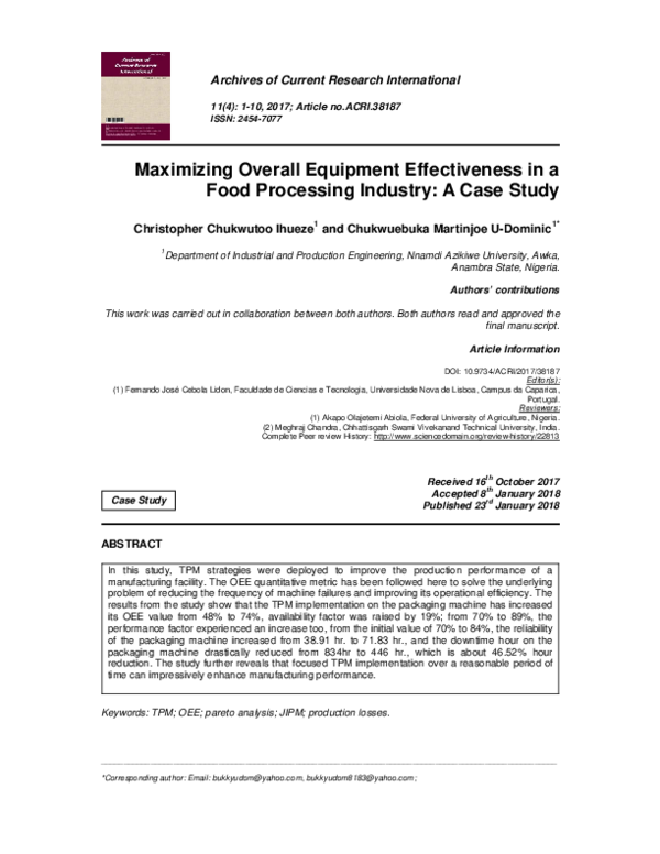 (PDF) Maximizing Overall Equipment Effectiveness in a Food Processing