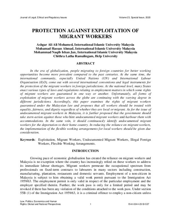 (PDF) PROTECTION AGAINST EXPLOITATION OF MIGRANT WORKERS