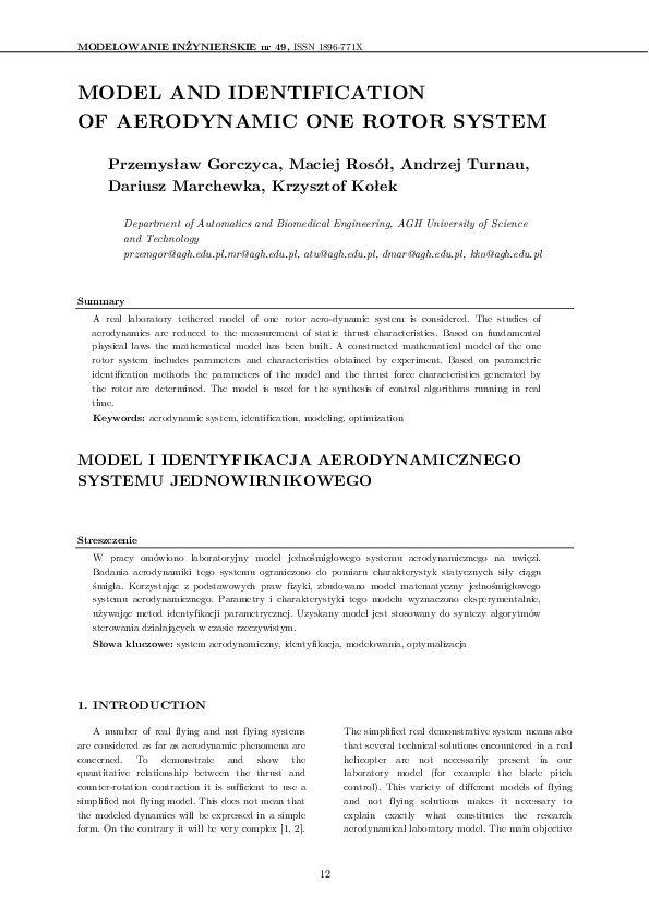 (PDF) Model and identification of aerodynamic one rotor system