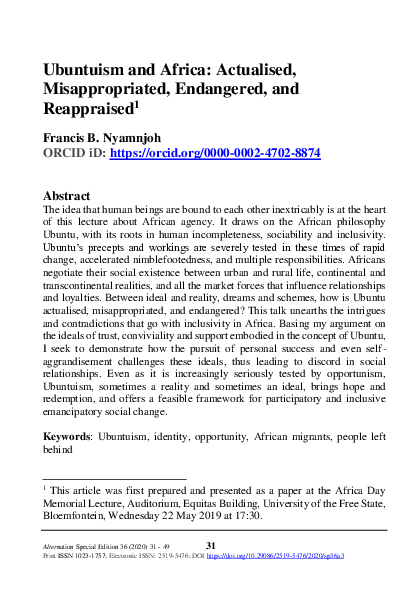 (PDF) Ubuntuism and Africa: Actualised, Misappropriated, Endangered ...