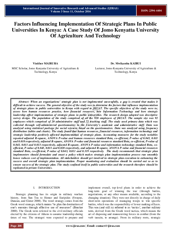 (PDF) Factors Influencing Implementation Of Strategic Plans In Public ...