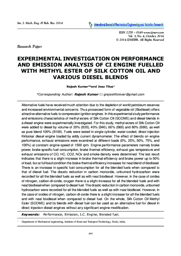 (PDF) Experimental Investigation on Performance and Emission Analysis ...