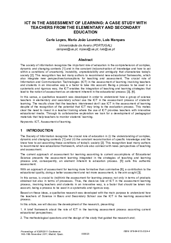 (PDF) Ict in the Assessment of Learning: A Case Study with Teachers ...