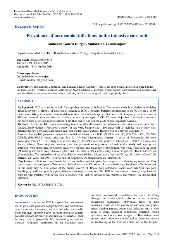 (PDF) Prevalence of nosocomial infections in the intensive care unit