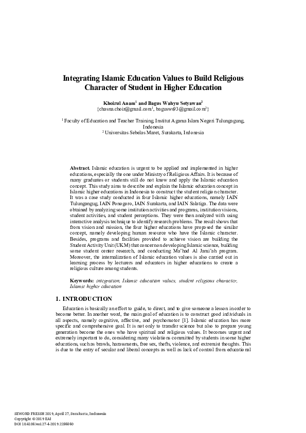 (PDF) Integrating Islamic Education Values to Build Religious Character ...