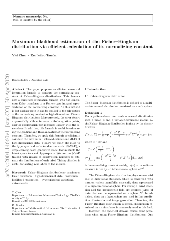(PDF) Maximum likelihood estimation of the Fisher–Bingham distribution ...