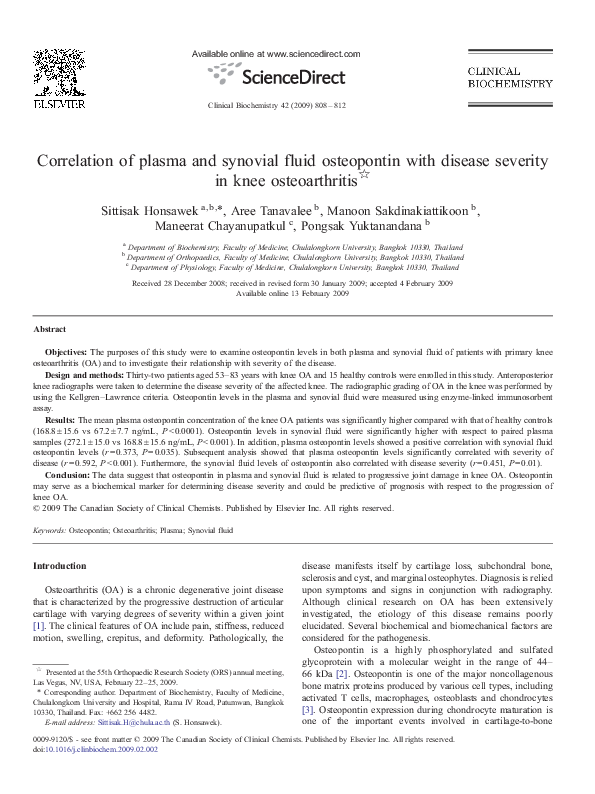 (PDF) Correlation of plasma and synovial fluid osteopontin with disease ...