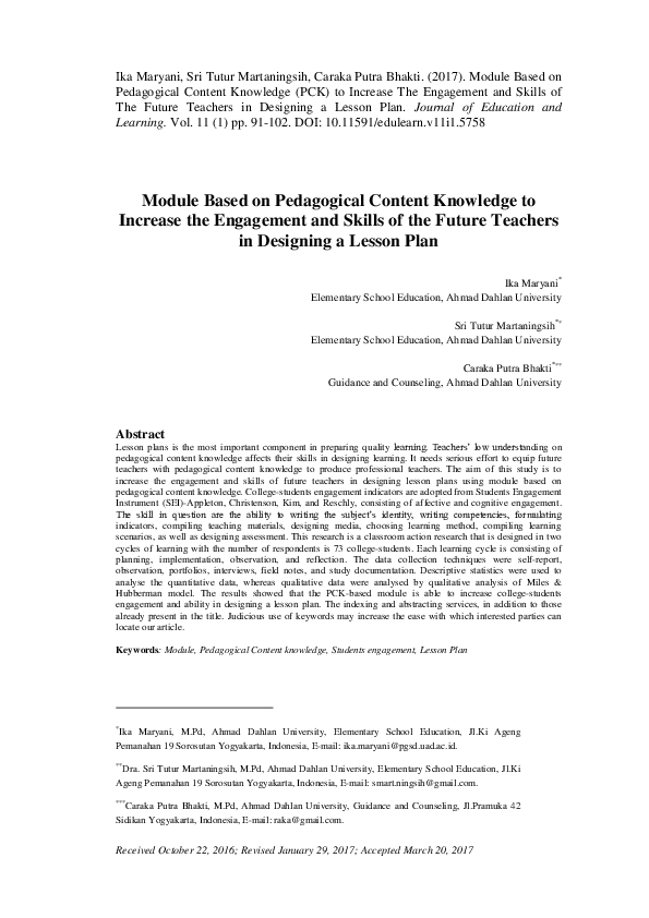 (PDF) Module Based on Pedagogical Content Knowledge to Increase the ...