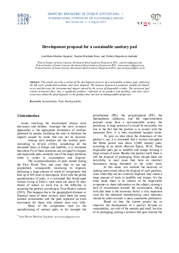 (PDF) Development proposal for a sustainable sanitary pad Tamires