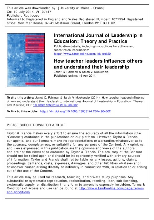(PDF) How teacher leaders influence others and understand their leadership