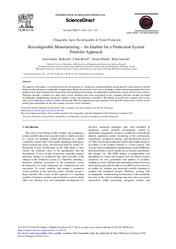 (PDF) Reconfigurable Manufacturing – An Enabler for a Production System ...