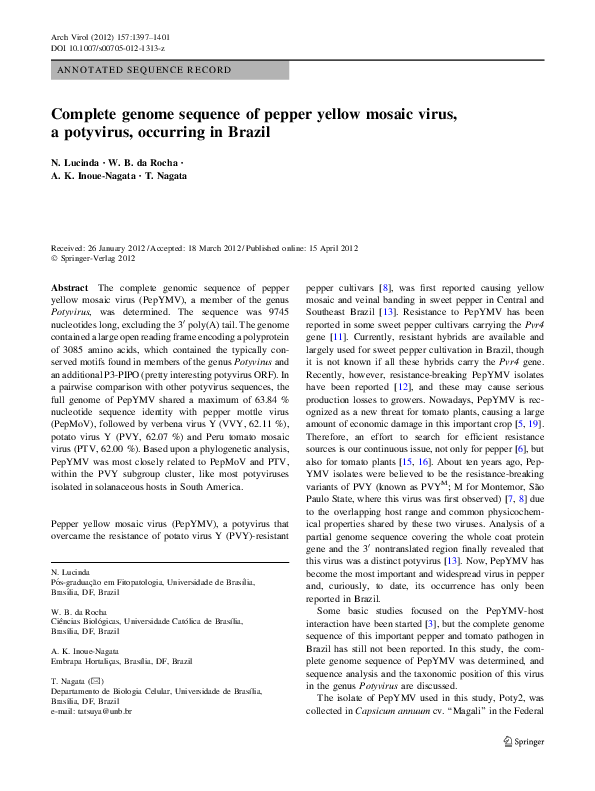 (PDF) Complete genome sequence of pepper yellow mosaic virus, a ...