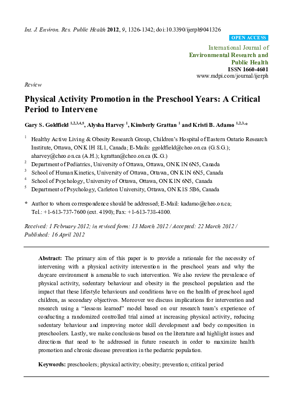 (PDF) Physical Activity Promotion in the Preschool Years: A Critical ...