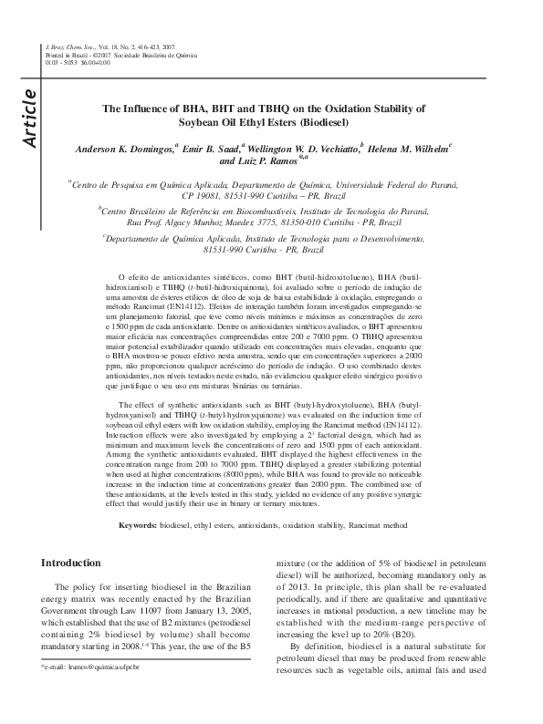(PDF) The influence of BHA, BHT and TBHQ on the oxidation stability of