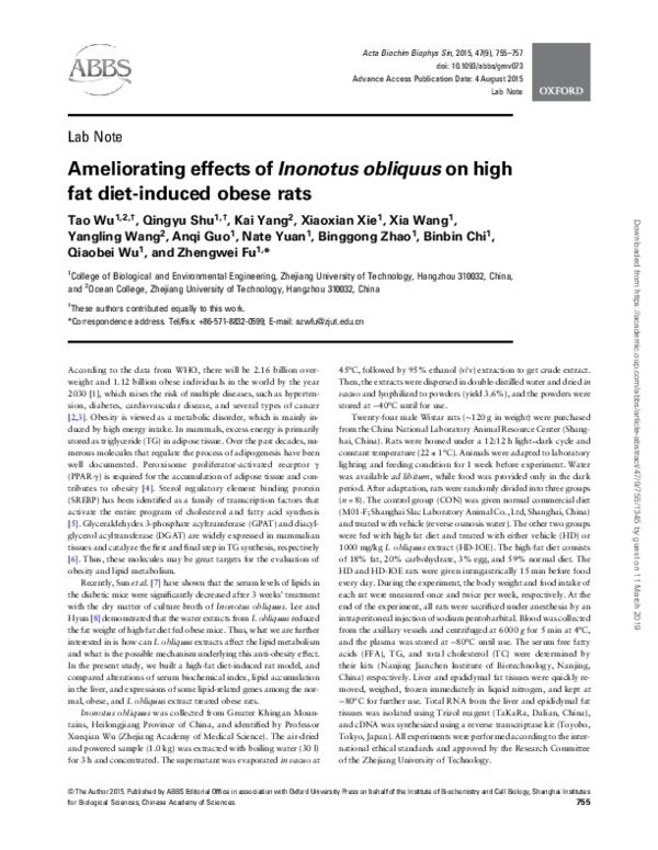 (PDF) Ameliorating effects of Inonotus obliquus on high fat diet ...