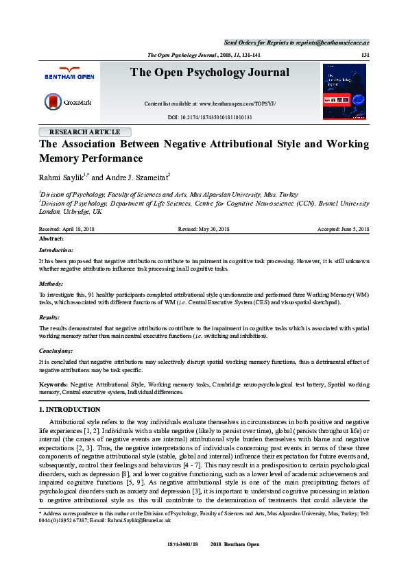 (PDF) The Association Between Negative Attributional Style and Working ...