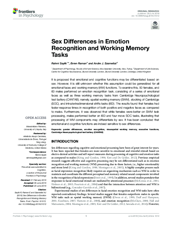 (PDF) Sex Differences in Emotion Recognition and Working Memory Tasks