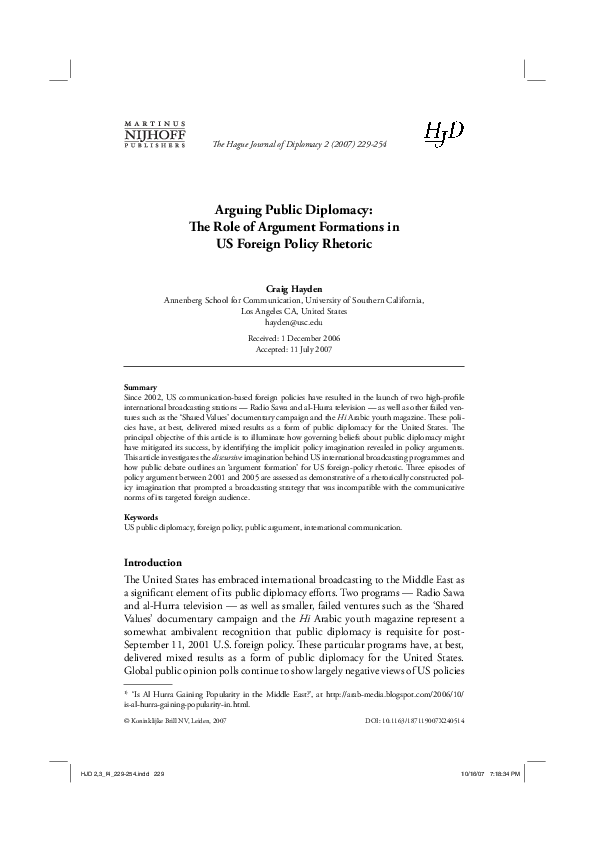 (PDF) Arguing Public Diplomacy: The Role of Argument Formations in US ...