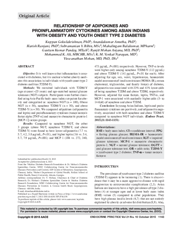 (PDF) Relationship of Adipokines and Proinflammatory Cytokines Among ...